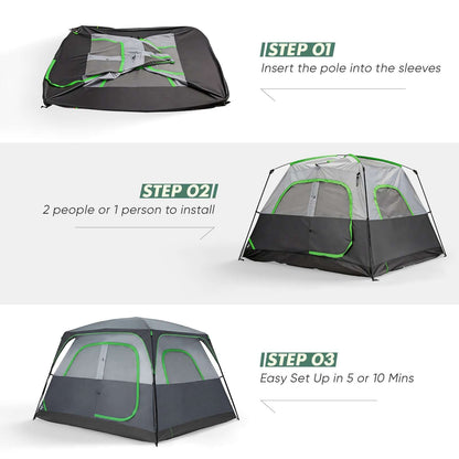 Instructions for setting up the 6-person Waterproof And Windproof Family Camping Tent in three steps.