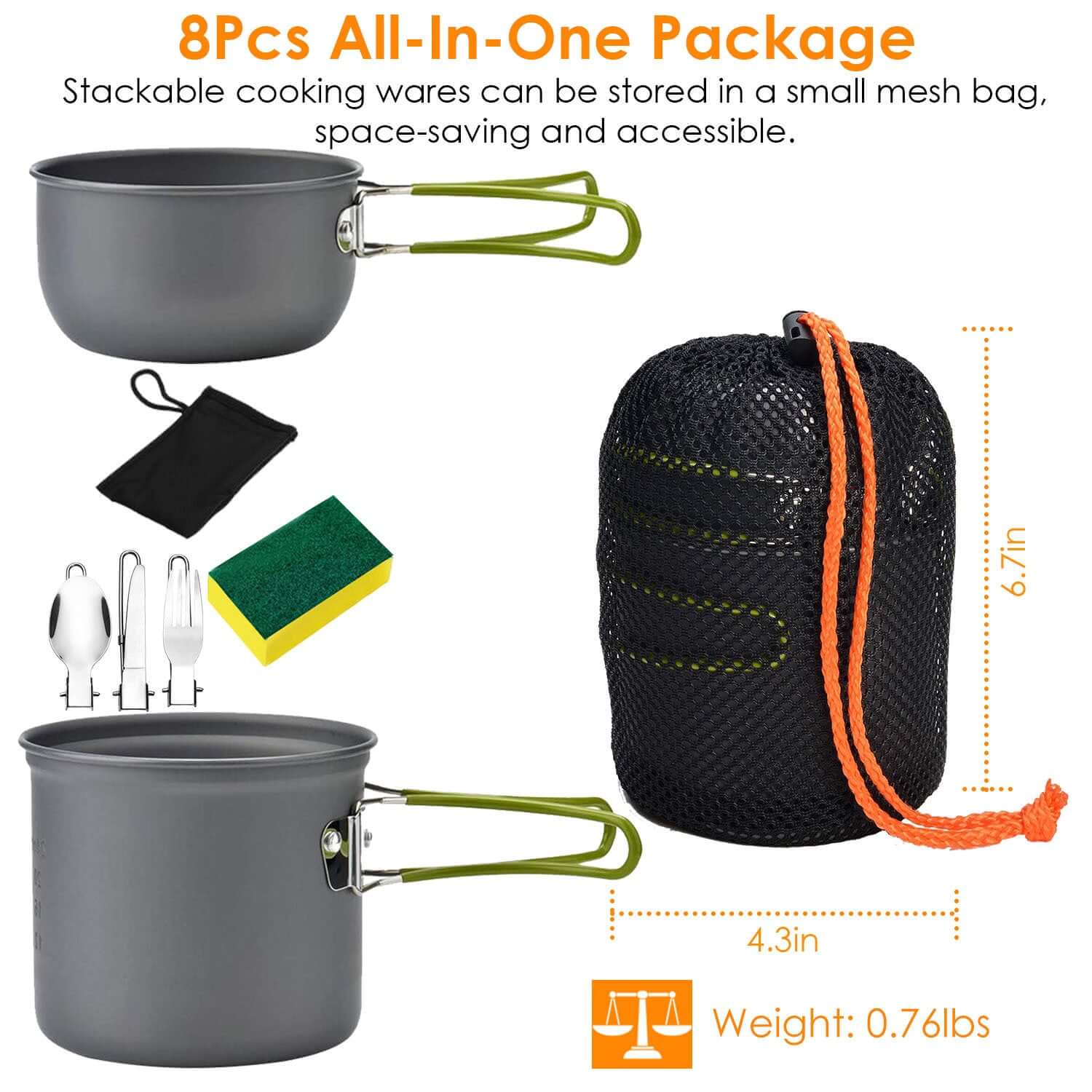 8pcs Camping Cookware Set includes stackable pots and utensils stored in a compact mesh bag for easy transport.