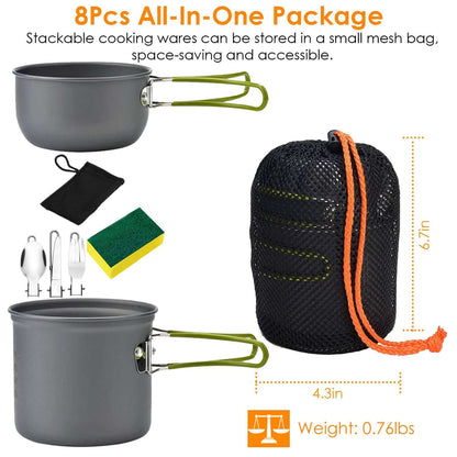 8pcs Camping Cookware Set includes stackable pots and utensils stored in a compact mesh bag for easy transport.