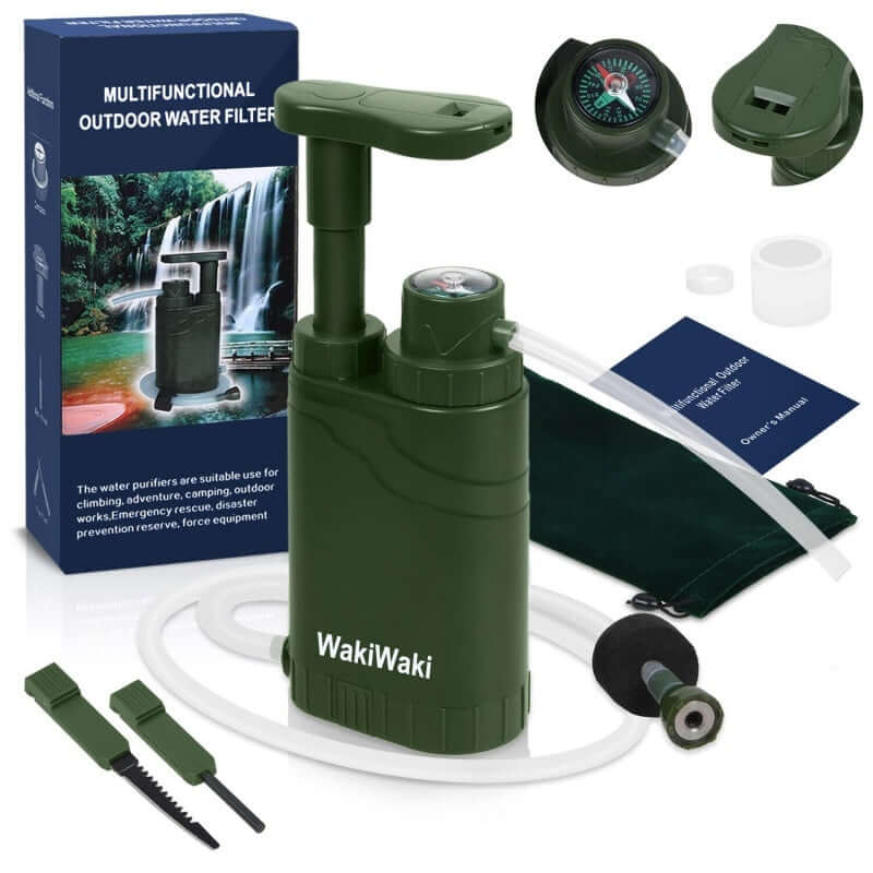 4-Stage Portable Water Purifier Pump with accessories for safe hydration in outdoor adventures.