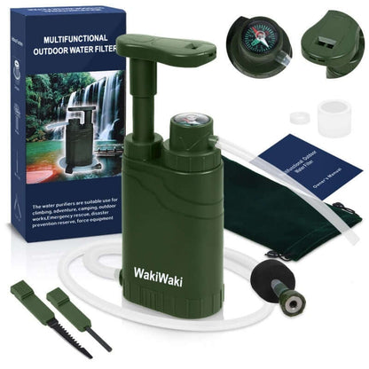 4-Stage Portable Water Purifier Pump with accessories for safe hydration in outdoor adventures.