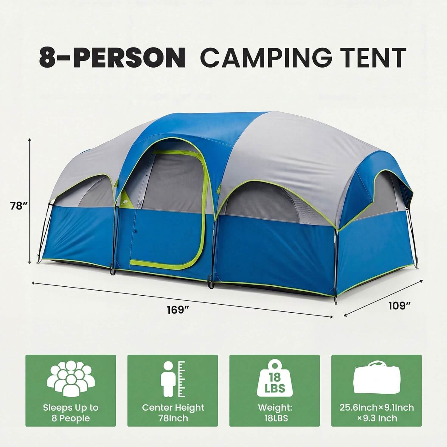 8-Person Camping Tent showing dimensions and specifications for outdoor family use.