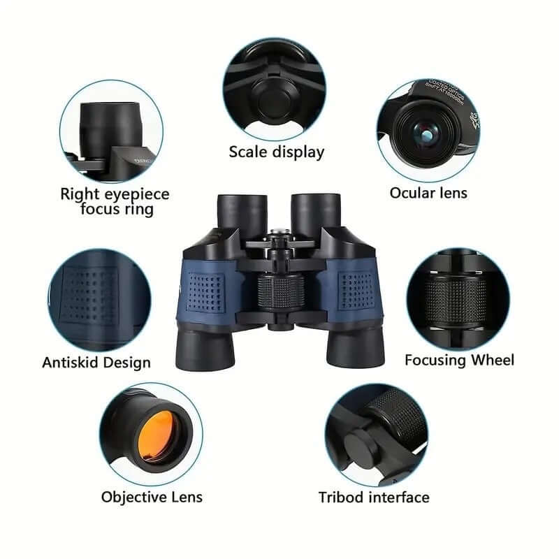 High Powered Binoculars With Low Light Night Vision features including focus ring, ocular lens, and antiskid design.
