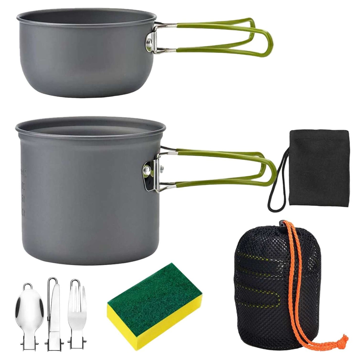 8pcs Camping Cookware Set including pots, utensils, sponge, and storage bag for outdoor cooking adventures.