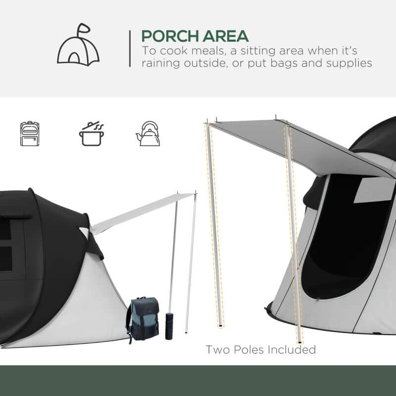 3-Person Pop Up Tent With Porch And Carry Bag showcasing porch area for cooking and storage options.