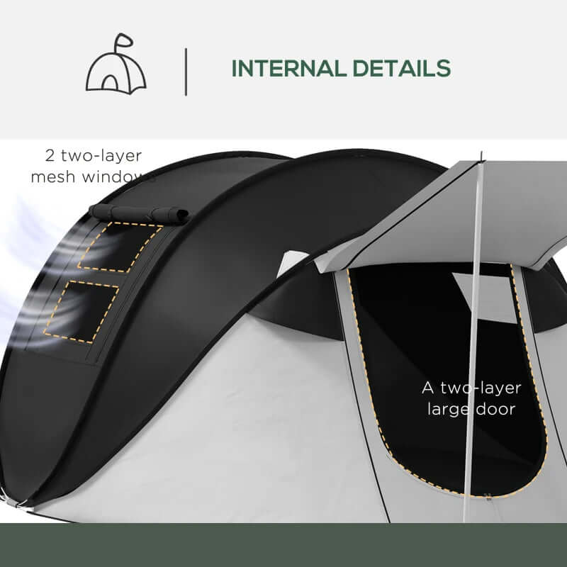 3-Person Pop Up Tent With Porch And Carry Bag internal details showing mesh windows and large door