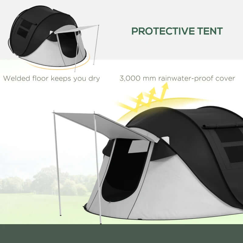 3-Person Pop Up Tent With Porch And Carry Bag showing a waterproof design with a welded floor and rain cover.