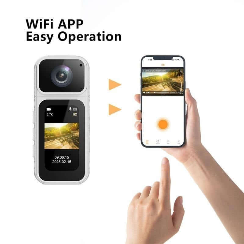 Ormos Mini Action Camera With 180 Degree Rotating Lens - 2.7K Ultra HD showing easy operation via WiFi app.