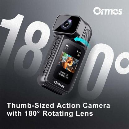 Ormos Mini Action Camera With 180 Degree Rotating Lens - 2.7K Ultra HD, compact design and LCD display.