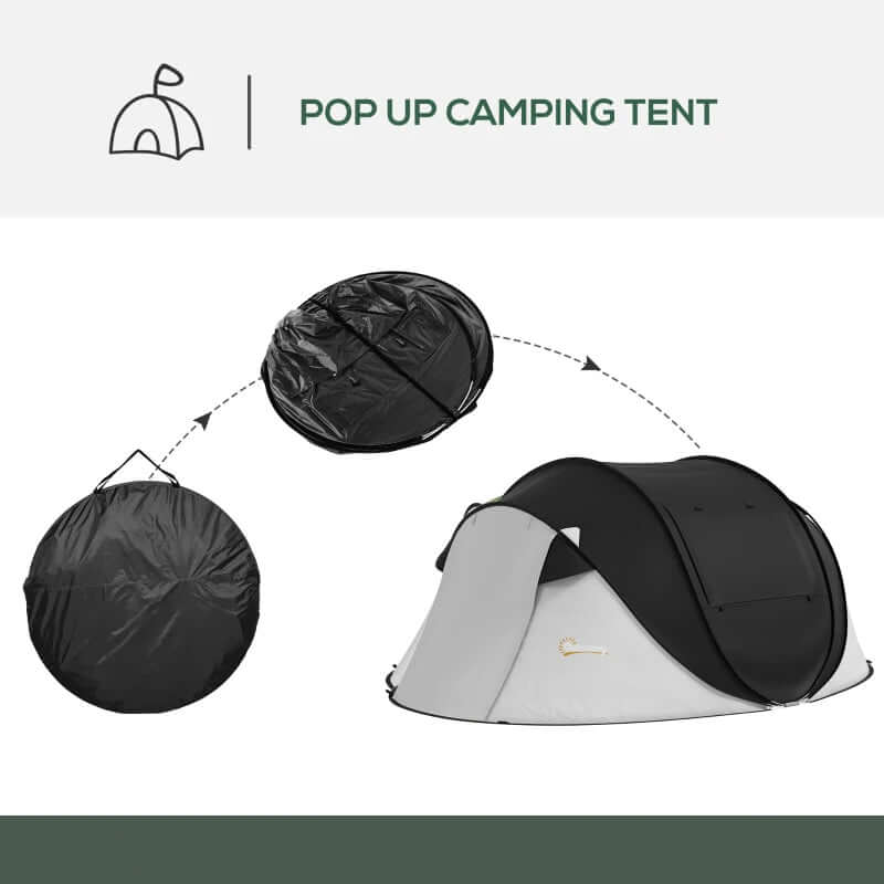 3-Person Pop Up Tent With Porch And Carry Bag set up process showing compact design and fast assembly options.