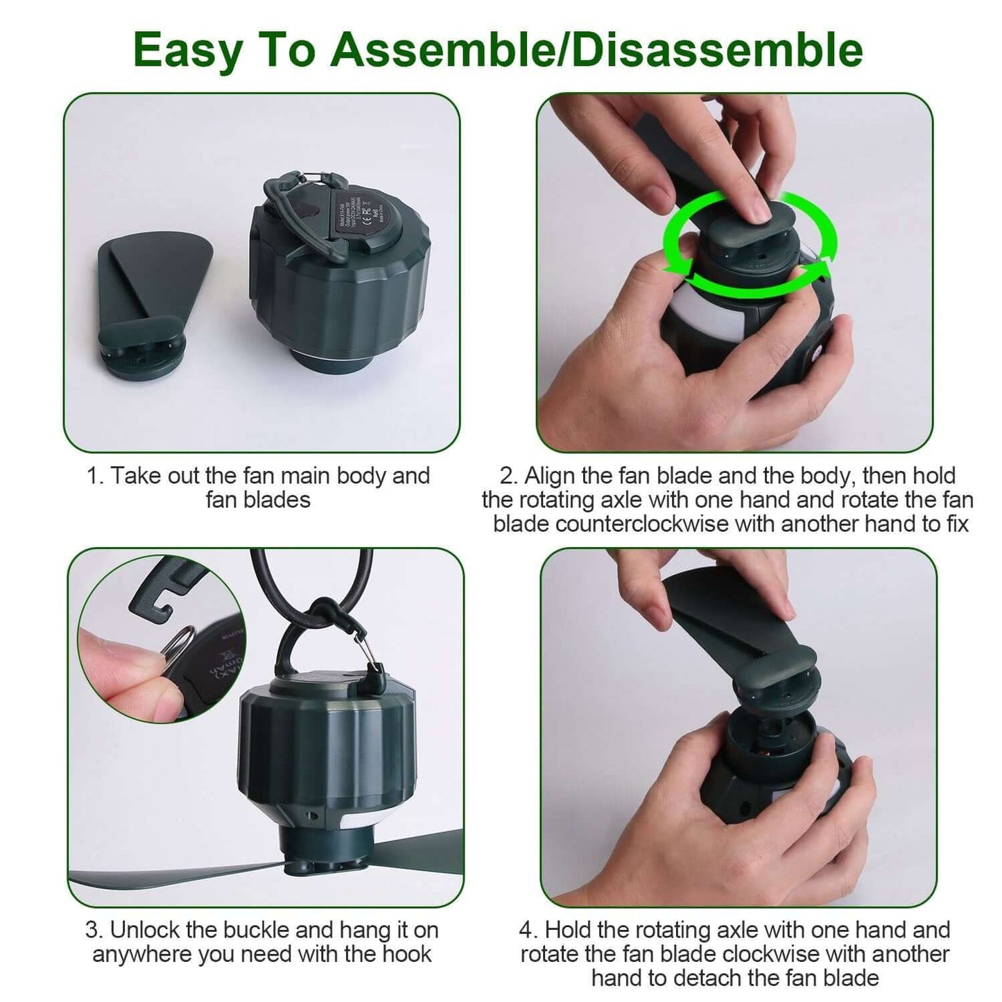 Steps to assemble the Portable Ceiling Fan Power Bank, showcasing its user-friendly design for easy setup and convenience.