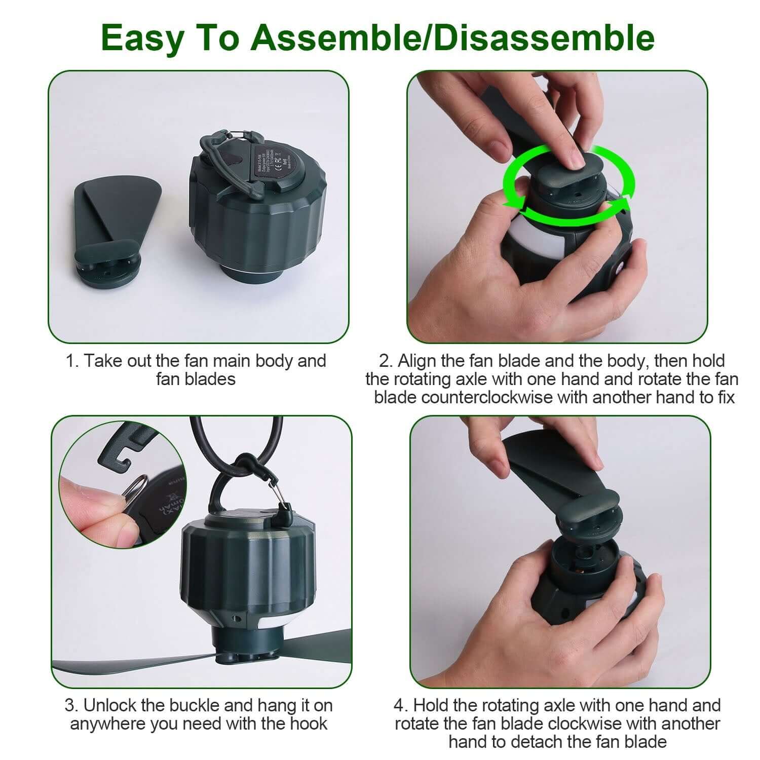 Steps to assemble the Portable Ceiling Fan Power Bank, showcasing its user-friendly design for easy setup and convenience.