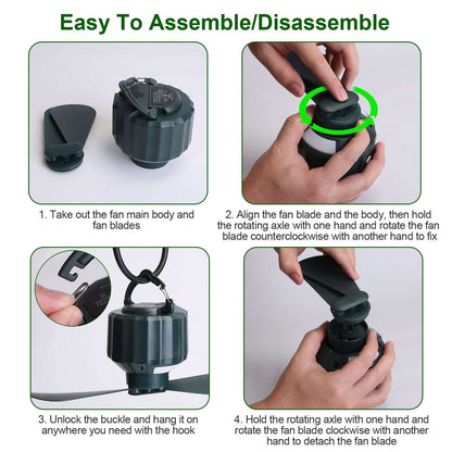 Steps to assemble the Portable Ceiling Fan Power Bank, showcasing its user-friendly design for easy setup and convenience.