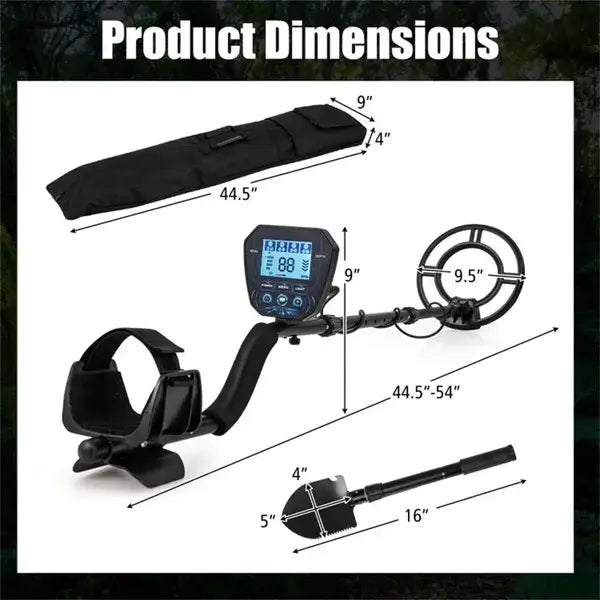 Metal Detector With IP67 Waterproof Coil & 4 Detection Modes product dimensions, including lengths and attachments.