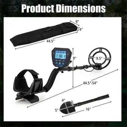 Metal Detector With IP67 Waterproof Coil & 4 Detection Modes product dimensions, including lengths and attachments.