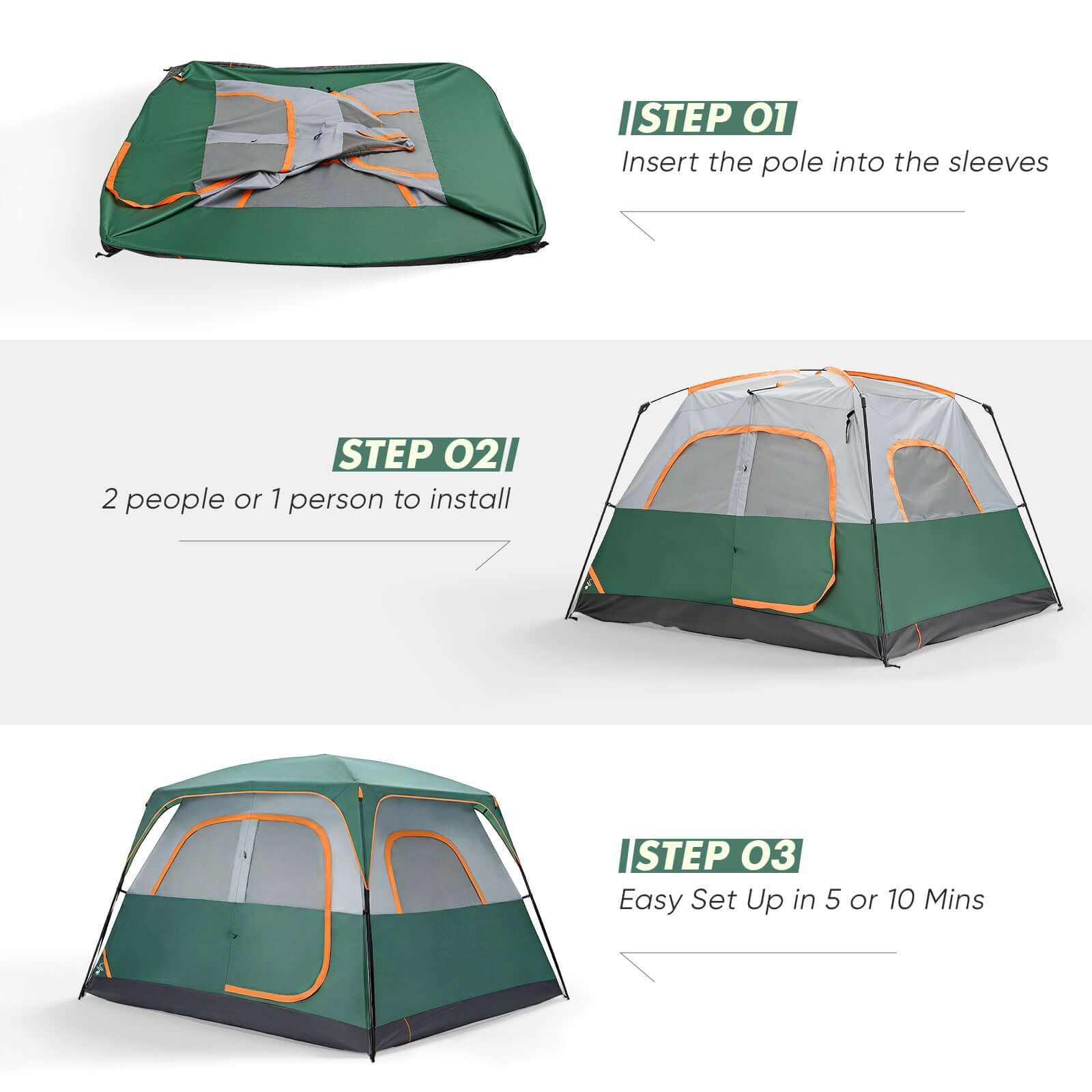 Instructions to set up a 6-person Waterproof And Windproof Family Camping Tent in three simple steps.