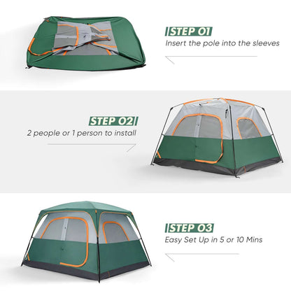 Instructions to set up a 6-person Waterproof And Windproof Family Camping Tent in three simple steps.