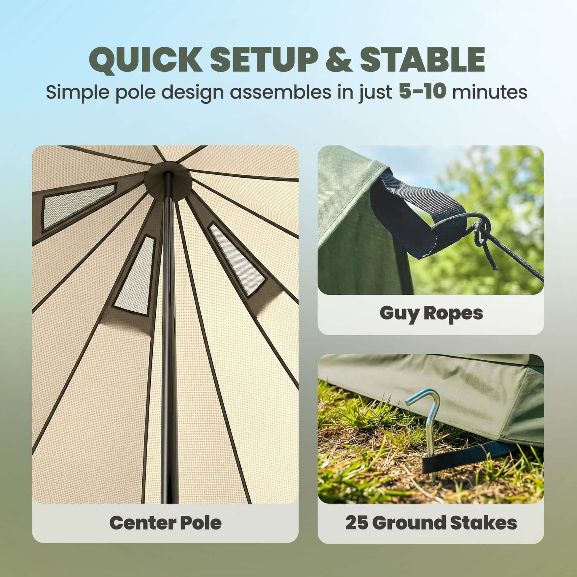7-Person Waterproof Camping Tent with Stove Jack quick setup features, including center pole and ground stakes.