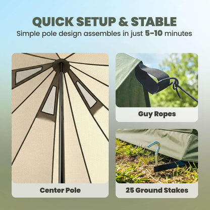 7-Person Waterproof Camping Tent with Stove Jack quick setup features, including center pole and ground stakes.