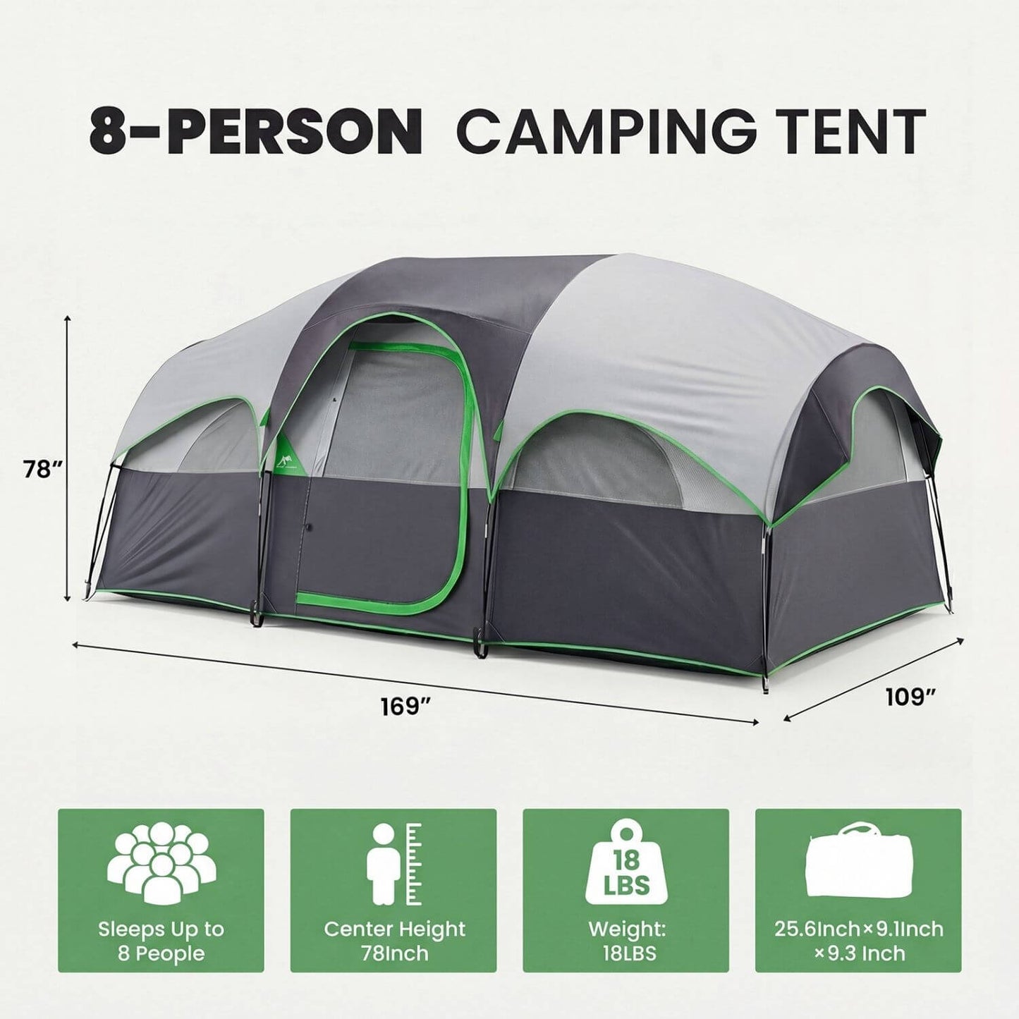 8-Person Camping Tent exterior view with dimensions and features for spacious outdoor family adventures.