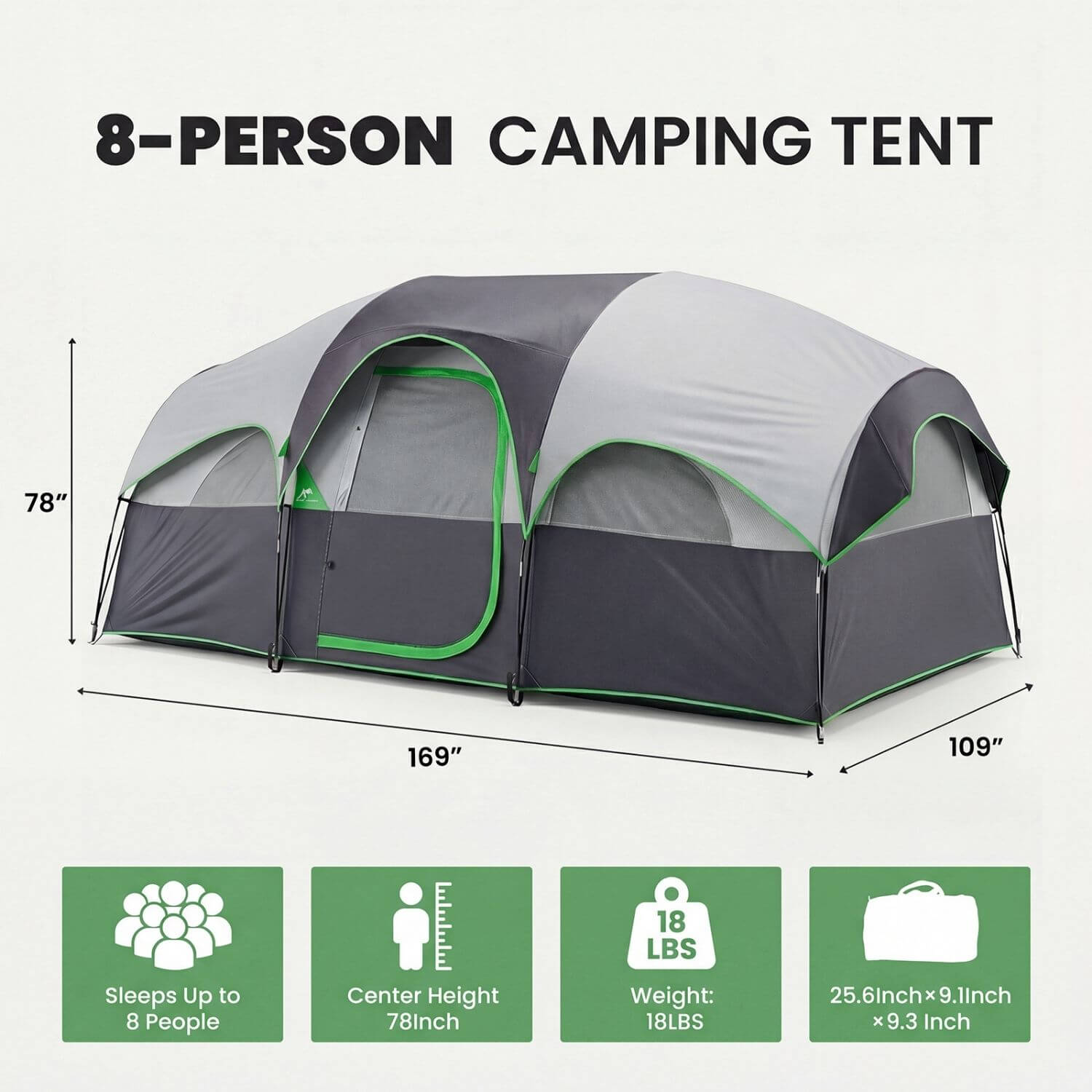 8-Person Camping Tent exterior view with dimensions and features for spacious outdoor family adventures.