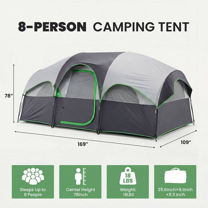 8-Person Camping Tent exterior view with dimensions and features for spacious outdoor family adventures.