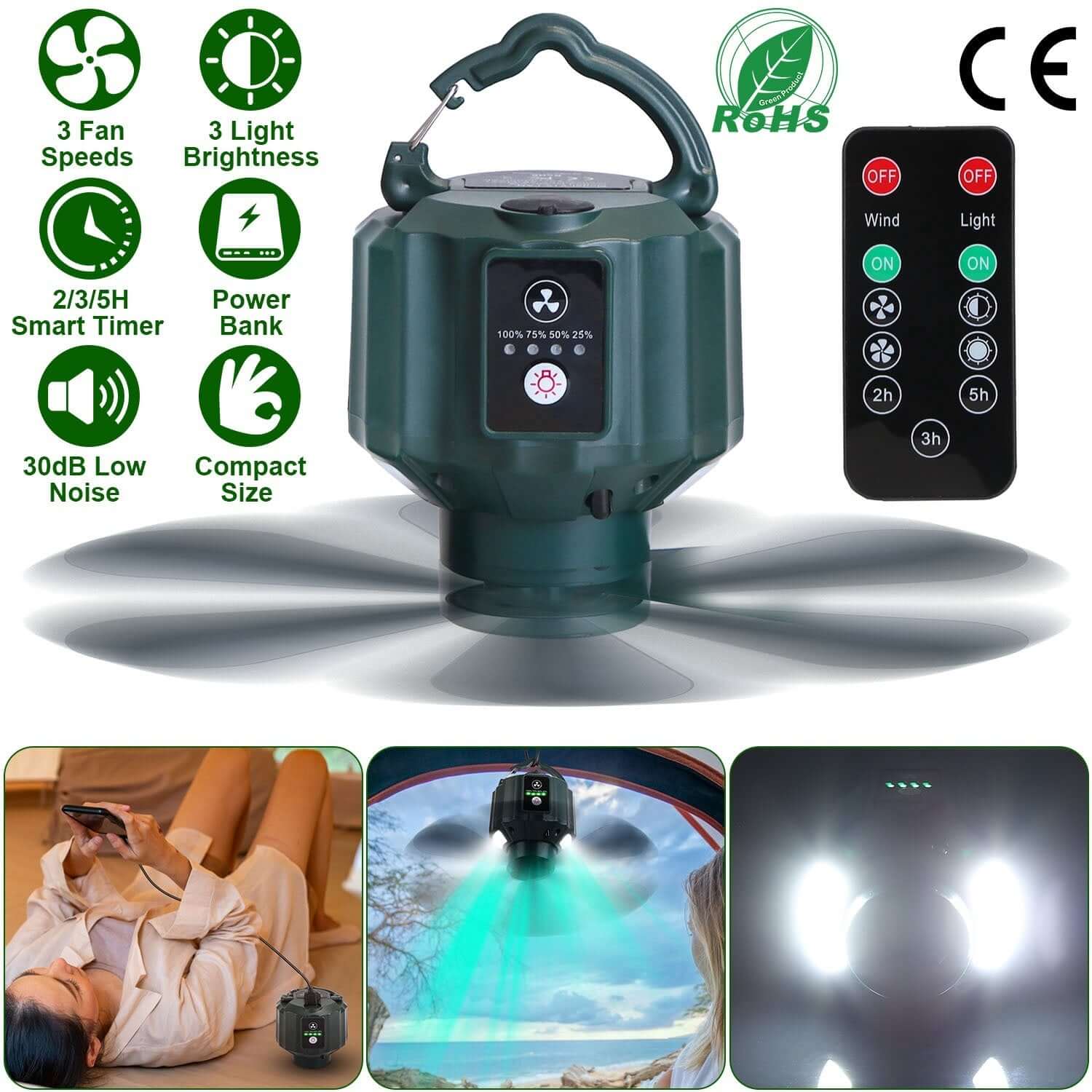 Portable Ceiling Fan Power Bank features 3 fan speeds, LED lights, and remote control for outdoor camping needs.