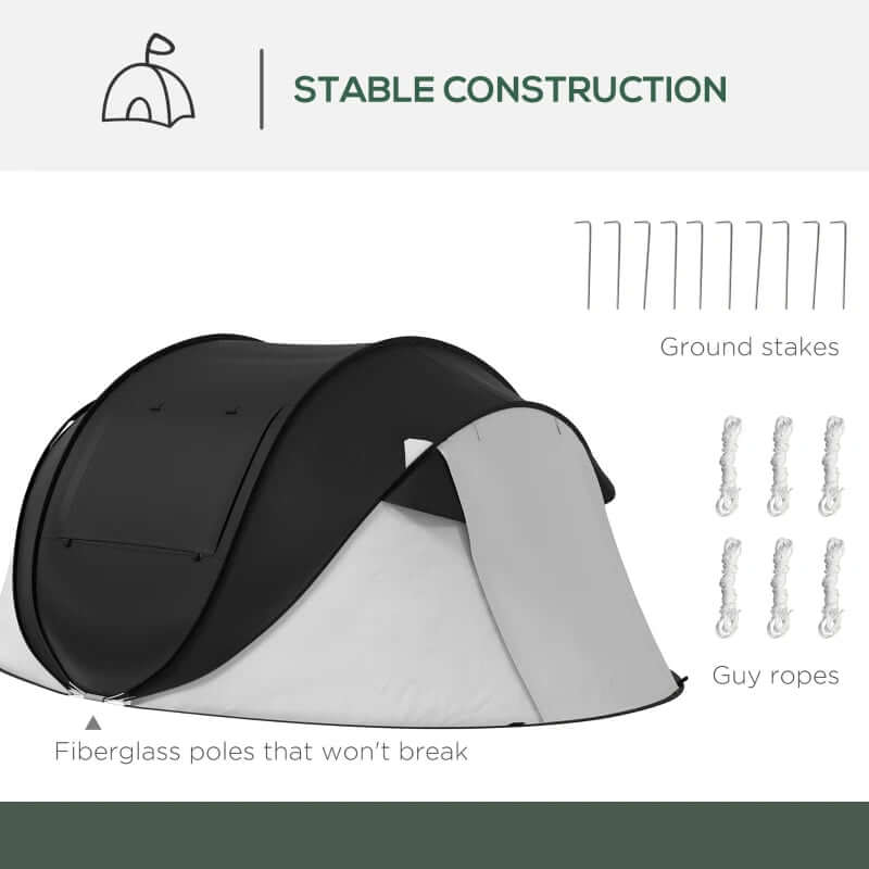 3-Person Pop Up Tent With Porch And Carry Bag featuring stable construction, fiberglass poles, ground stakes, and guy ropes.