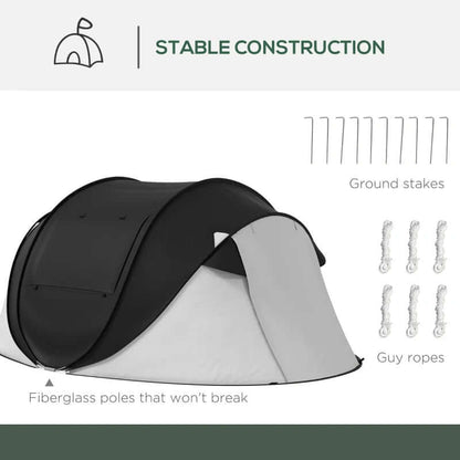 3-Person Pop Up Tent With Porch And Carry Bag featuring stable construction, fiberglass poles, ground stakes, and guy ropes.