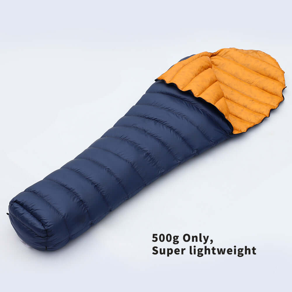 UL250 UltraLight Down Sleeping Bag showcasing its lightweight design at only 500g, ideal for camping and hiking.