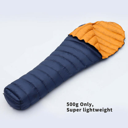 UL250 UltraLight Down Sleeping Bag showcasing its lightweight design at only 500g, ideal for camping and hiking.