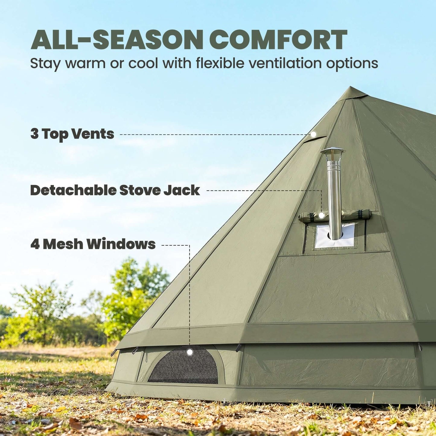 7-Person Waterproof Camping Tent with Stove Jack featuring 3 vents, stove jack, and 4 mesh windows for all-season comfort.