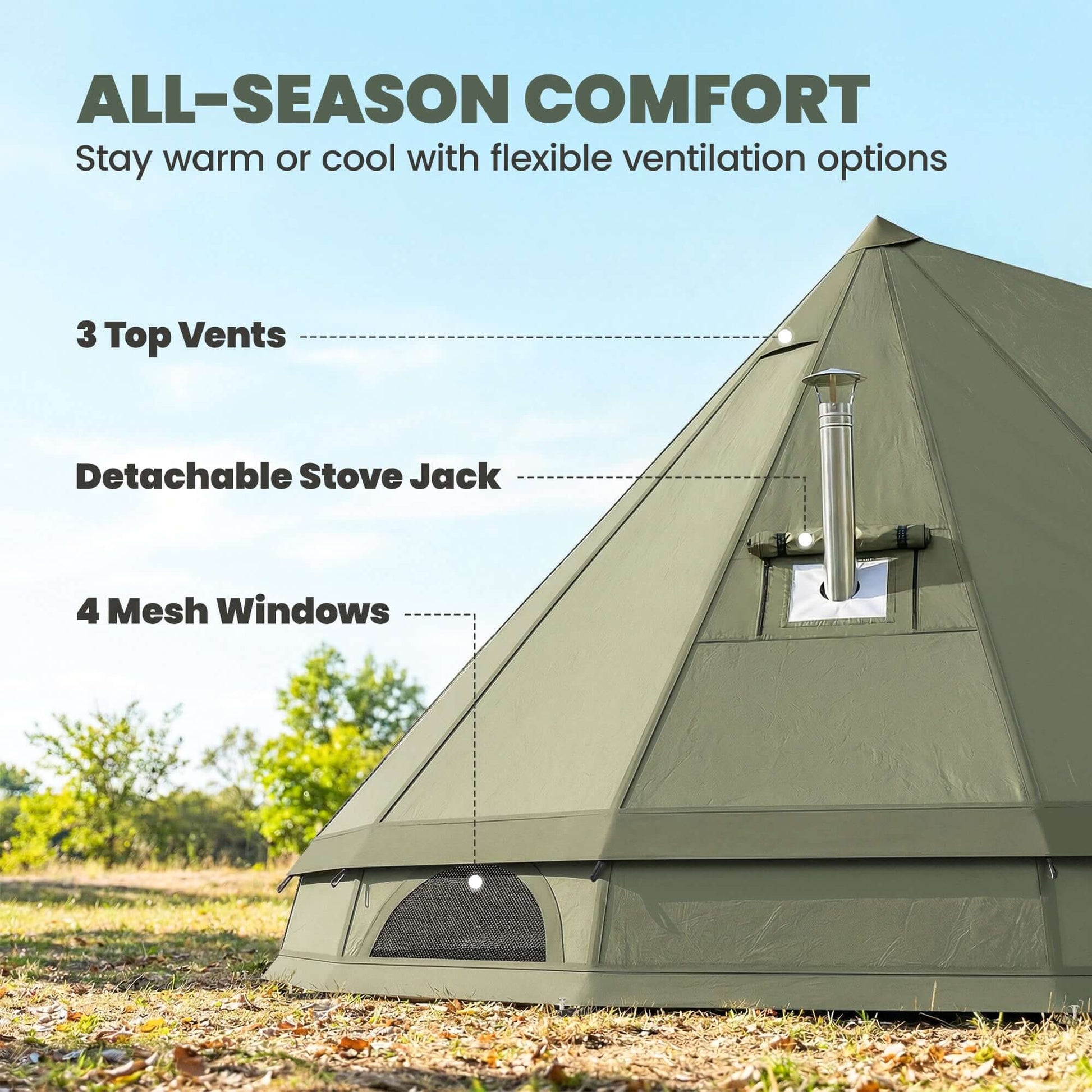7-Person Waterproof Camping Tent with Stove Jack featuring 3 vents, stove jack, and 4 mesh windows for all-season comfort.