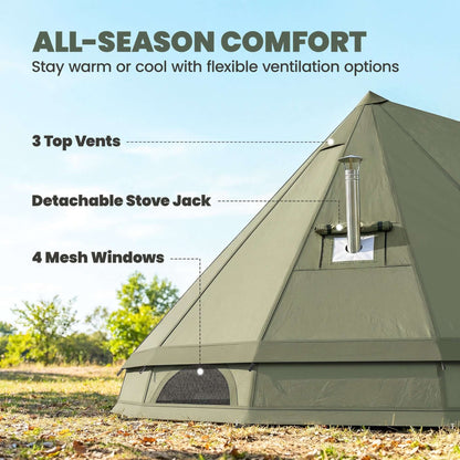 7-Person Waterproof Camping Tent with Stove Jack featuring 3 vents, stove jack, and 4 mesh windows for all-season comfort.