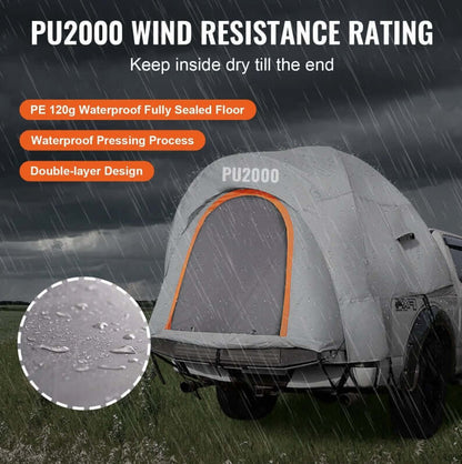PU2000mm Double Layer Truck Tent displaying its wind resistance and waterproof features in rain.
