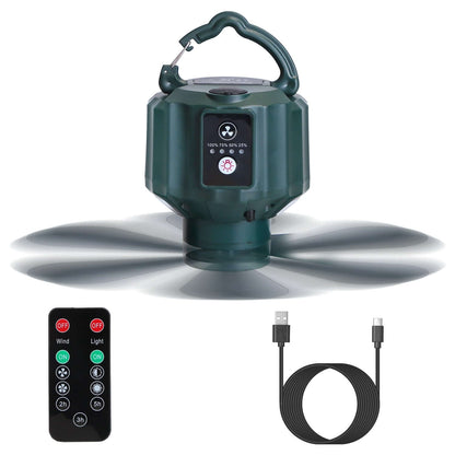 Portable Ceiling Fan Power Bank with remote control and USB cable for outdoor activities.