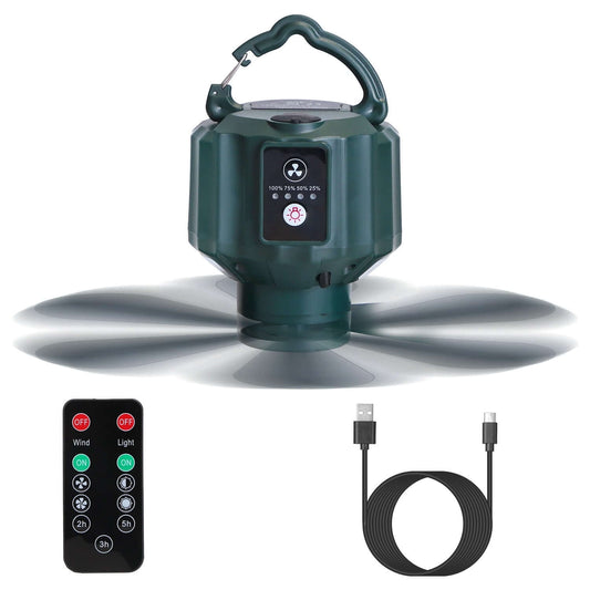 Portable Ceiling Fan Power Bank with remote control and USB cable for outdoor activities.