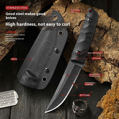 Samurai Style Survival Knife with black handle and sheath, featuring stainless steel, ergonomic design for outdoor use.