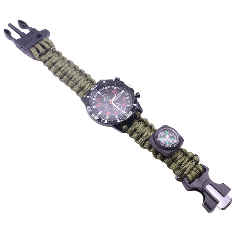 Parachute Cord Survival Watch showcasing a rugged design with a compass, suitable for outdoor adventures.