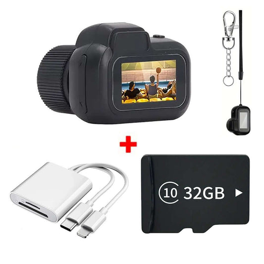 Key Chain Mini Camera With 32GB SD Card compact camera kit with charger and SD card.