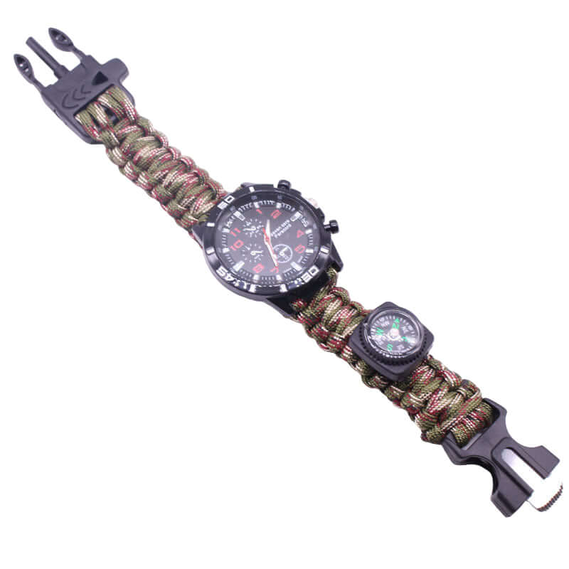 Parachute Cord Survival Watch featuring rugged design, watch face, and compass for outdoor adventures.
