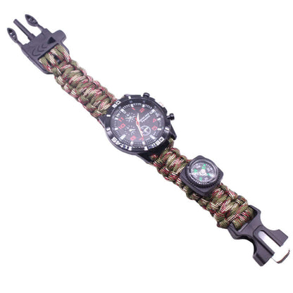Parachute Cord Survival Watch featuring rugged design, watch face, and compass for outdoor adventures.