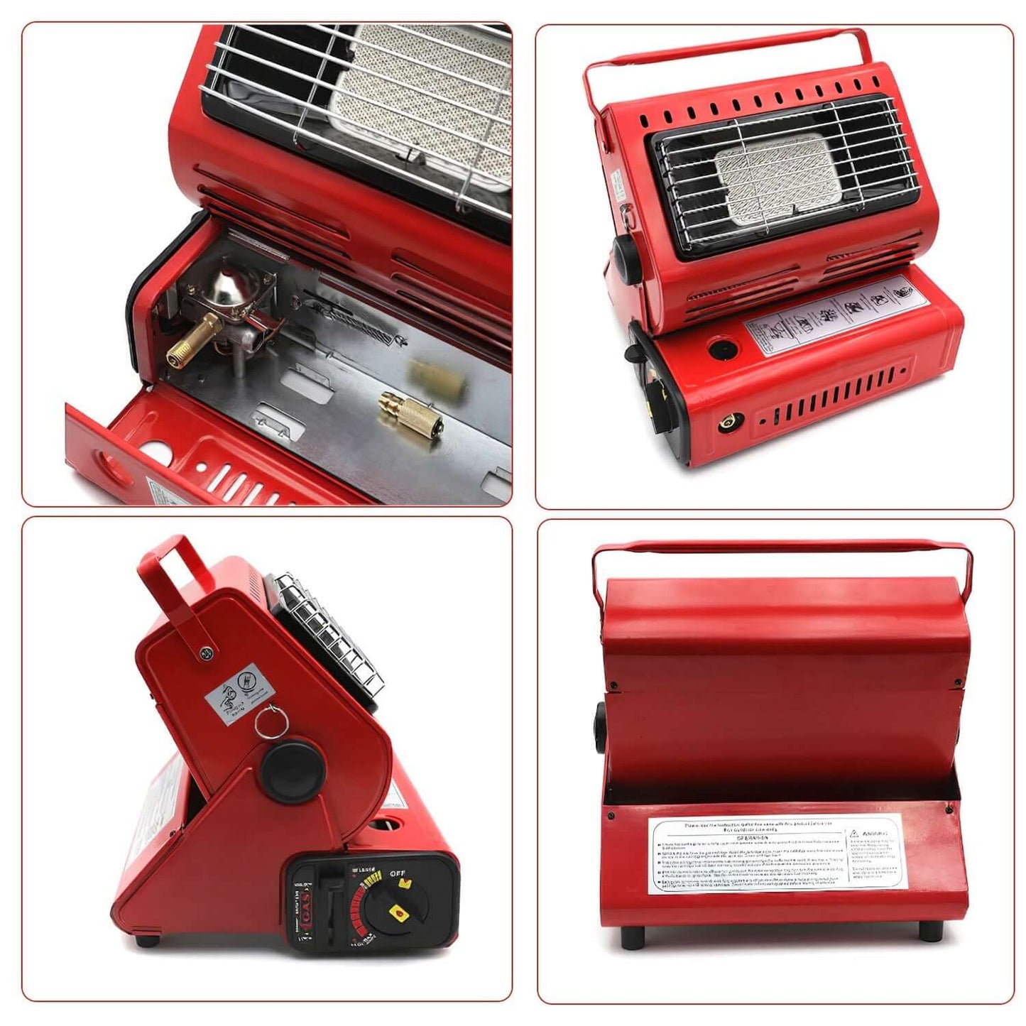 2 In 1 Portable Butane Burner Heater in red, showcasing design and functionalities for camping and outdoor cooking.