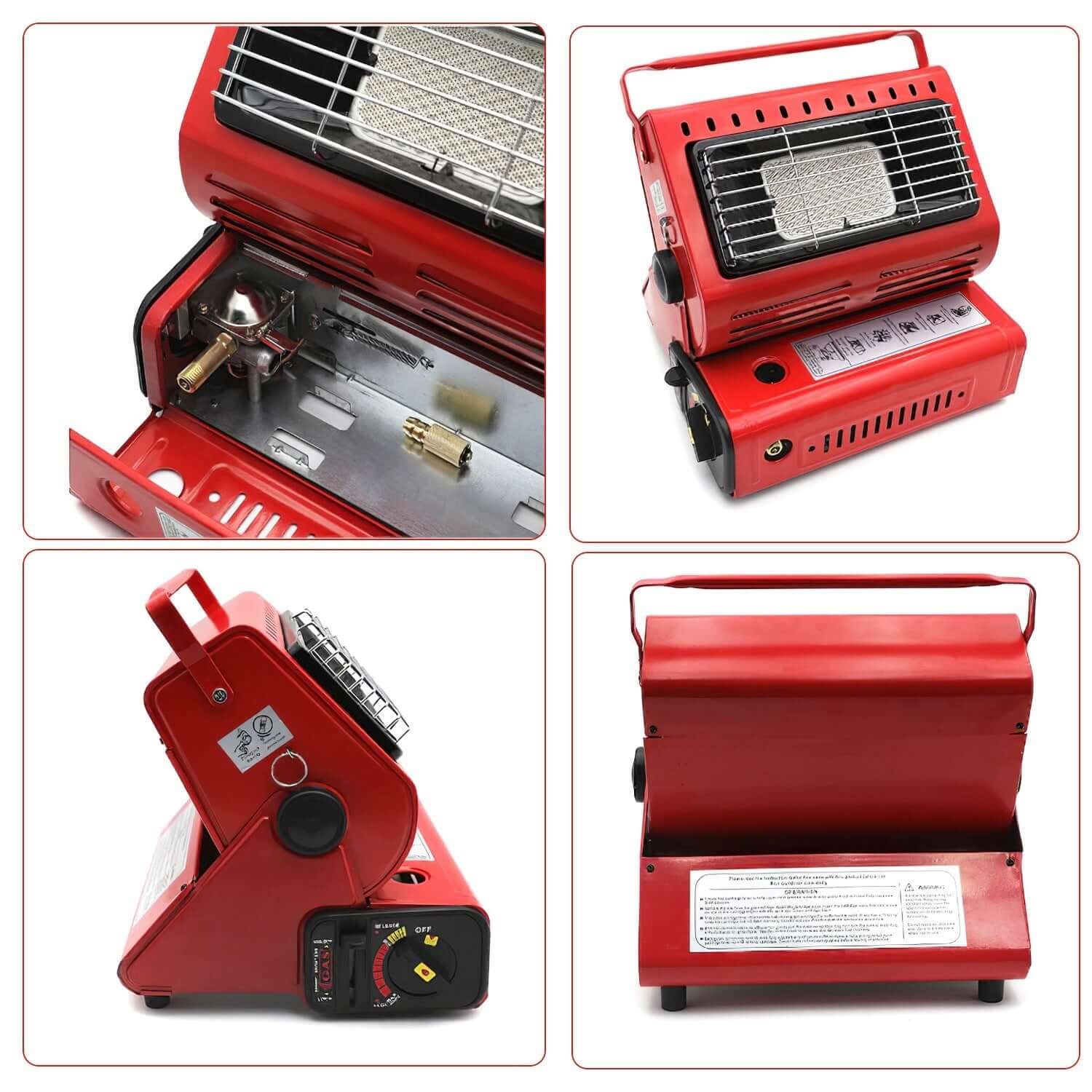 2 In 1 Portable Butane Burner Heater in red, showcasing design and functionalities for camping and outdoor cooking.