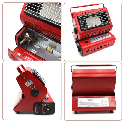 2 In 1 Portable Butane Burner Heater in red, showcasing design and functionalities for camping and outdoor cooking.