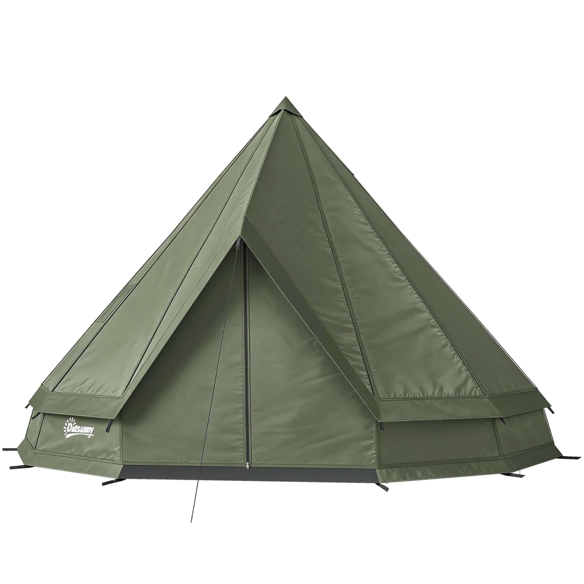 7-Person Waterproof Camping Tent with Stove Jack in green color, ideal for family outdoor adventures.