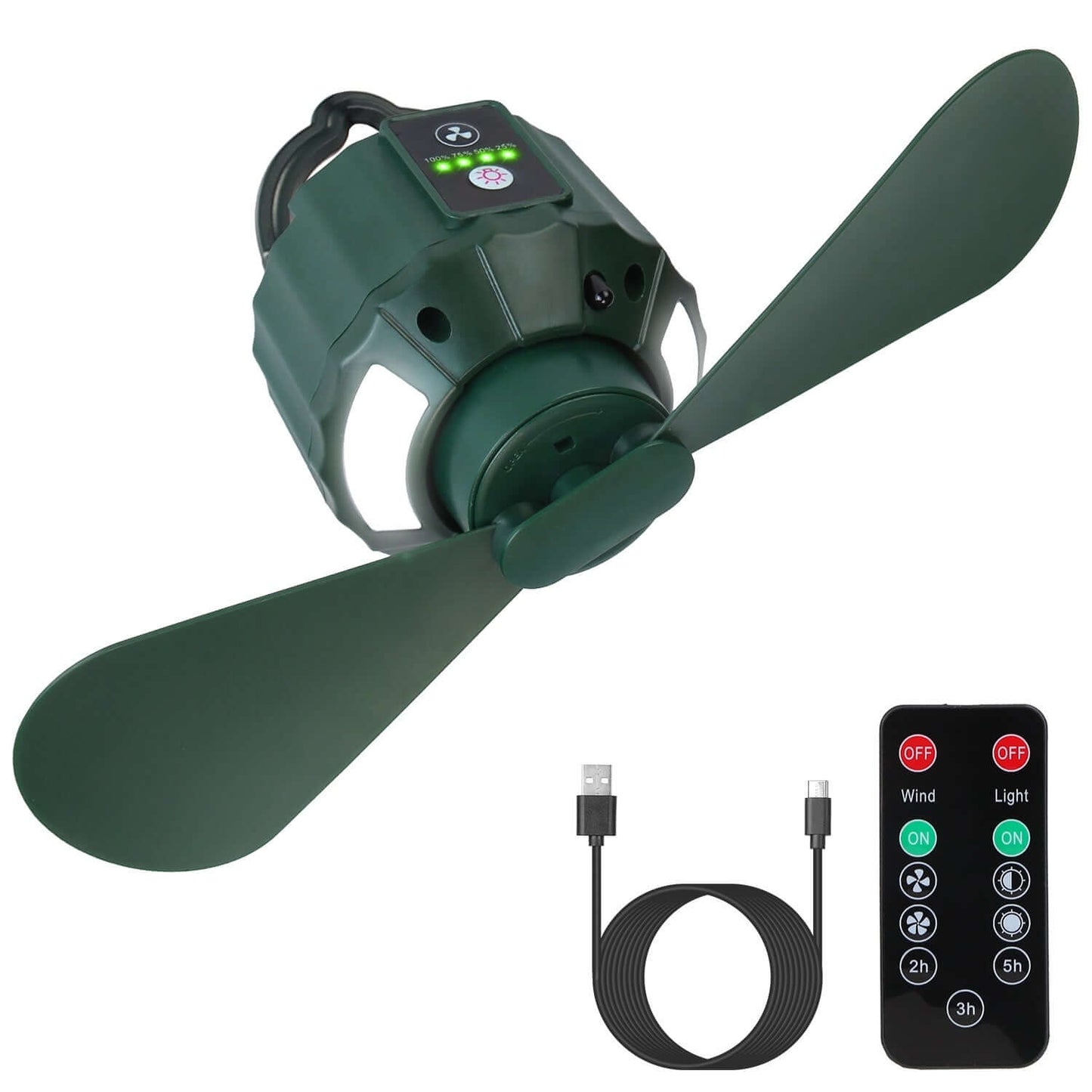 Portable Ceiling Fan Power Bank with remote control and USB charging cable for outdoor adventures.