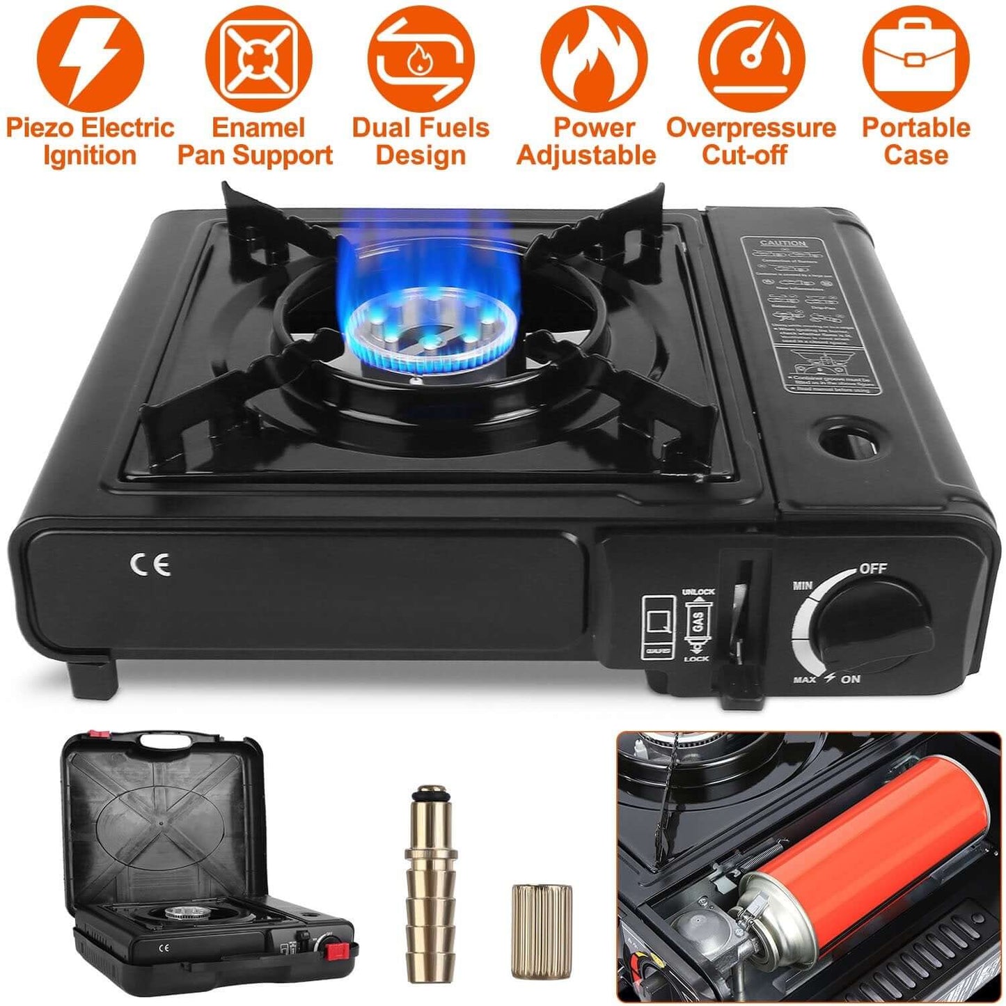 Portable Butane Camping Stove with piezo ignition and adjustable power for outdoor cooking.