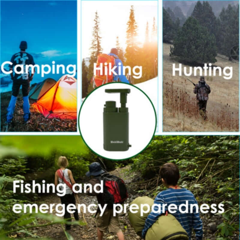 4-Stage Portable Water Purifier Pump for camping, hiking, hunting, fishing, and emergency preparedness.