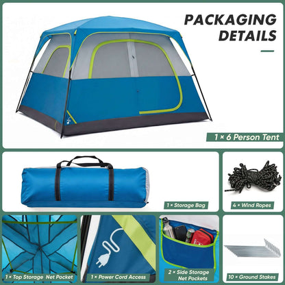6-person Waterproof And Windproof Family Camping Tent packaging details including storage bag, wind ropes, and ground stakes.
